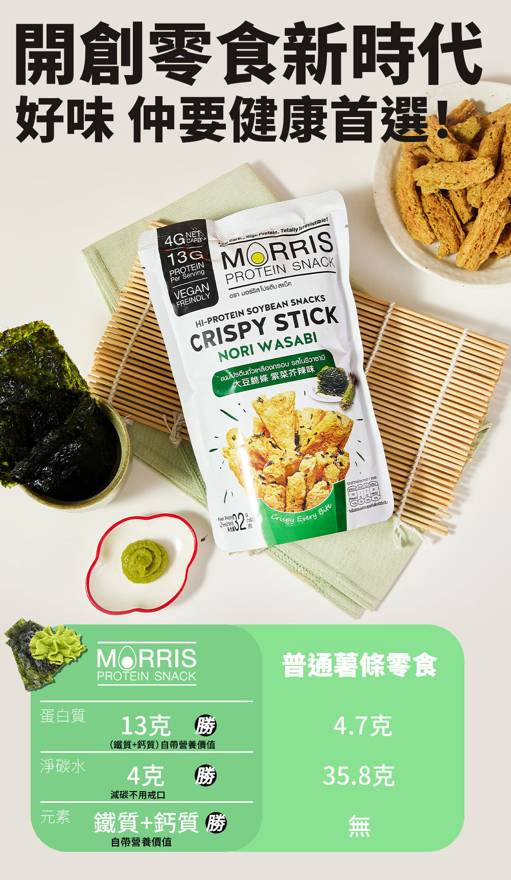 MORRIS - 生酮素食大豆脆條 紫菜芥辣味 3包裝 - 0糖健康零食 高蛋白質香脆零食 適合低糖純素食