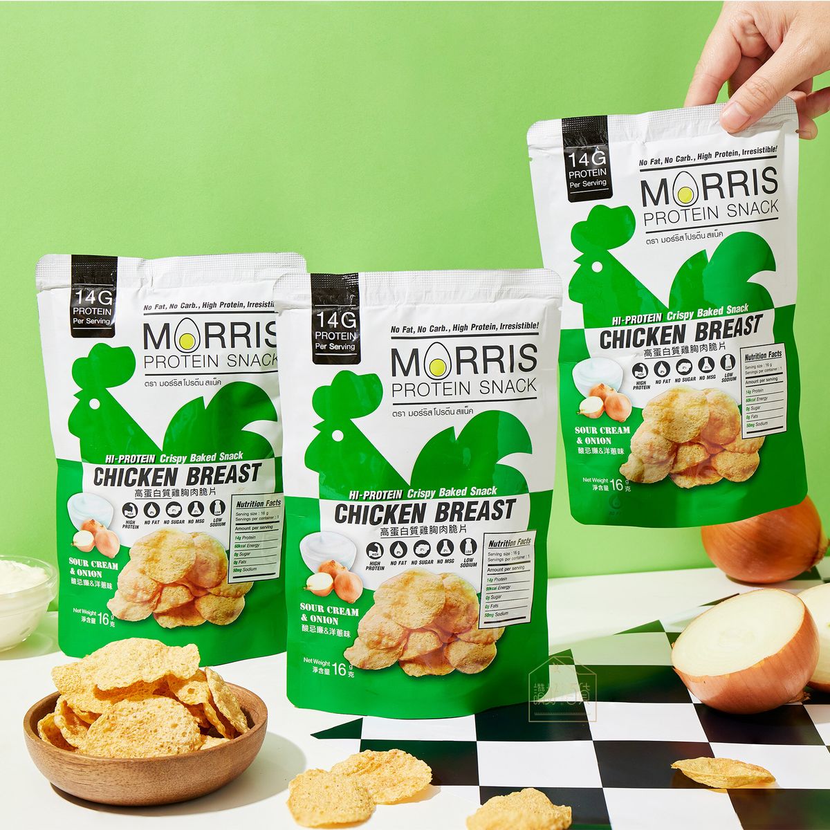 MORRIS - 原箱優惠 - 高蛋白質雞胸肉脆片 酸忌廉洋蔥味 20包裝 - 無麩質 清真食品 適合生酮/低醣/健身/高蛋白質/低卡路里低脂肪飲食/減肥零食 #即食雞胸肉薯片零食